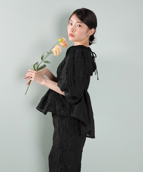 Kana（カナ）の「ジャガード バルーン スリーブ ブラウス Iラインスカート2点セット パーティードレス オケージョンドレス 結婚式 お呼ばれ（ドレス・レディース・ブラック/ネイビー/ライトグレー・M/S）」の7枚目の写真