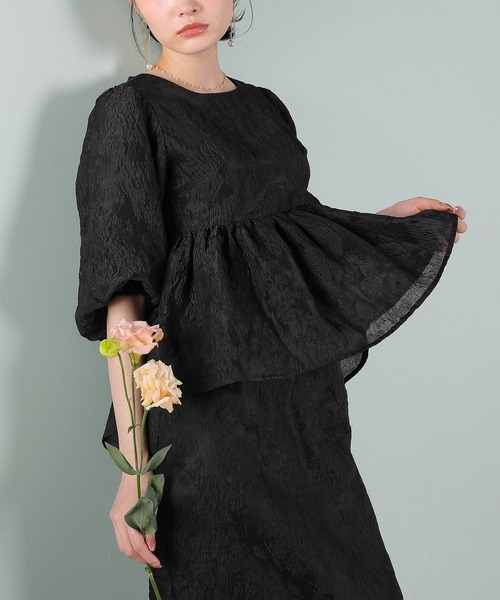 Kana（カナ）の「ジャガード バルーン スリーブ ブラウス Iラインスカート2点セット パーティードレス オケージョンドレス 結婚式 お呼ばれ（ドレス・レディース・ブラック/ネイビー/ライトグレー・M/S）」の5枚目の写真