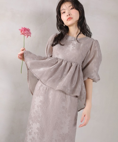 Kana（カナ）の「ジャガード バルーン スリーブ ブラウス Iラインスカート2点セット パーティードレス オケージョンドレス 結婚式 お呼ばれ（ドレス・レディース・ブラック/ネイビー/ライトグレー・M/S）」の12枚目の写真