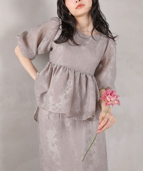 Kana（カナ）の「ジャガード バルーン スリーブ ブラウス Iラインスカート2点セット パーティードレス オケージョンドレス 結婚式 お呼ばれ（ドレス・レディース・ブラック/ネイビー/ライトグレー・M/S）」の13枚目の写真