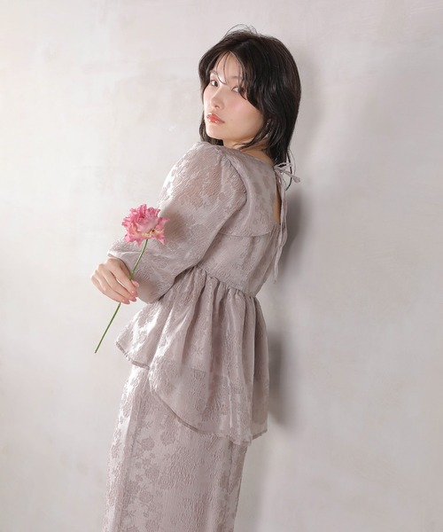 Kana（カナ）の「ジャガード バルーン スリーブ ブラウス Iラインスカート2点セット パーティードレス オケージョンドレス 結婚式 お呼ばれ（ドレス・レディース・ブラック/ネイビー/ライトグレー・M/S）」の16枚目の写真