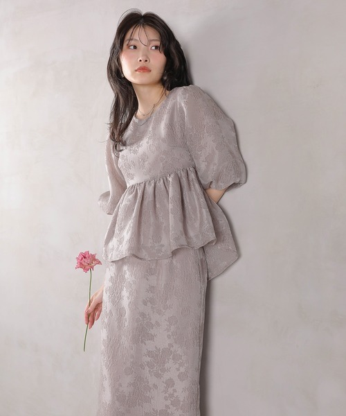 Kana（カナ）の「ジャガード バルーン スリーブ ブラウス Iラインスカート2点セット パーティードレス オケージョンドレス 結婚式 お呼ばれ（ドレス・レディース・ブラック/ネイビー/ライトグレー・M/S）」の14枚目の写真