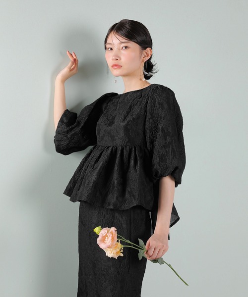 Kana（カナ）の「ジャガード バルーン スリーブ ブラウス Iラインスカート2点セット パーティードレス オケージョンドレス 結婚式 お呼ばれ（ドレス・レディース・ブラック/ネイビー/ライトグレー・M/S）」の9枚目の写真