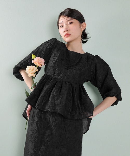 Kana（カナ）の「ジャガード バルーン スリーブ ブラウス Iラインスカート2点セット パーティードレス オケージョンドレス 結婚式 お呼ばれ（ドレス・レディース・ブラック/ネイビー/ライトグレー・M/S）」の6枚目の写真