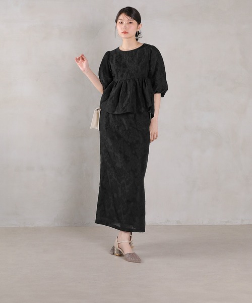 Kana（カナ）の「ジャガード バルーン スリーブ ブラウス Iラインスカート2点セット パーティードレス オケージョンドレス 結婚式 お呼ばれ（ドレス・レディース・ブラック/ネイビー/ライトグレー・M/S）」の10枚目の写真