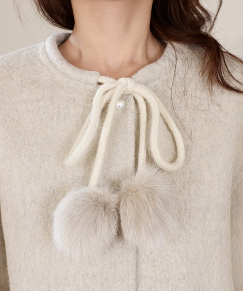 リボン ファー ポンポン付き ショート コート（ノーカラーコート