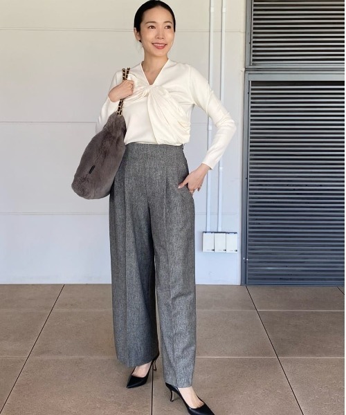 ESTNATION / ミックスツイード ハイウエストタックパンツ（スラックス