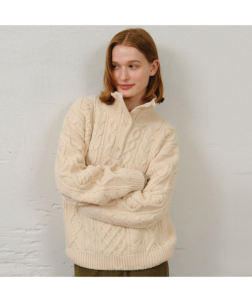 NONLOCAL(ノンローカル)の「Mixed Cable High Neck Open Collar knit - Ivory(ニット/セーター・レディース・アイボリー・FREE)」の1枚目の写真