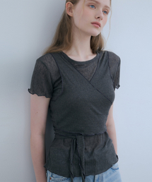 ODER（オディエール）の「[SET]_シースルーフリルキャップスリーブT+レイヤリングトップ-チャコール（Tシャツ/カットソー）」