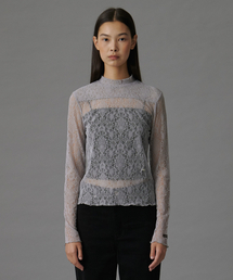 HIGH NECK LACE SHEER TOP LIGHT GREY