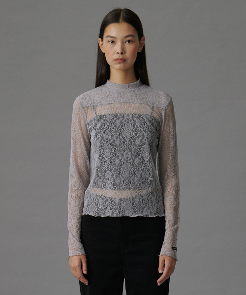HIGH NECK LACE SHEER TOP LIGHT GREY
