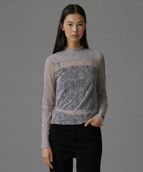 TTUDEMENT(トュードメント)の「HIGH NECK LACE SHEER TOP LIGHT GREY(Tシャツ/カットソー・レディース・その他・FREE)」の2枚目の写真