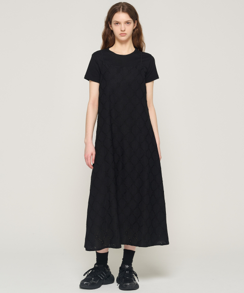 レースレイヤードロングワンピース（ブラック）