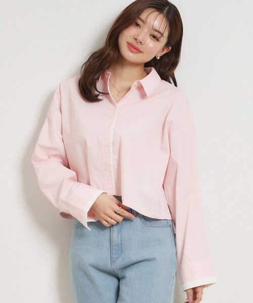 couture brooch（クチュールブローチ）の「配色ストライプショートシャツ（シャツ/ブラウス・レディース・ライトブルー/ピンク・38）」の4枚目の写真