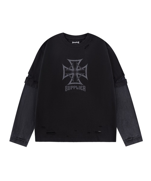 SUPPLIER(サプライヤー)の「ロンT|Dusty Iron Cross Layered Long Sleeve Tee|SUPPLIER(Tシャツ/カットソー・メンズ・ブラック/ベージュ・SMALL/MEDIUM/LARGE/X-LARGE)」の1枚目の写真