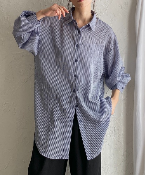 She's Closet(シーズクローゼット)の「長袖 ボリュームスリーブ ロング丈 オーバーサイズ ストライプ シアーシャツ(シャツ/ブラウス・レディース・グレー/イエロー/ネイビー/パープル/ホワイト/ピンク/グリーン・FREE)」の5枚目の写真