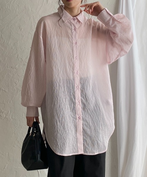 She's Closet(シーズクローゼット)の「長袖 ボリュームスリーブ ロング丈 オーバーサイズ ストライプ シアーシャツ(シャツ/ブラウス・レディース・グレー/イエロー/ネイビー/パープル/ホワイト/ピンク/グリーン・FREE)」の7枚目の写真