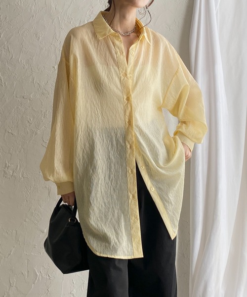 She's Closet(シーズクローゼット)の「長袖 ボリュームスリーブ ロング丈 オーバーサイズ ストライプ シアーシャツ(シャツ/ブラウス・レディース・グレー/イエロー/ネイビー/パープル/ホワイト/ピンク/グリーン・FREE)」の1枚目の写真