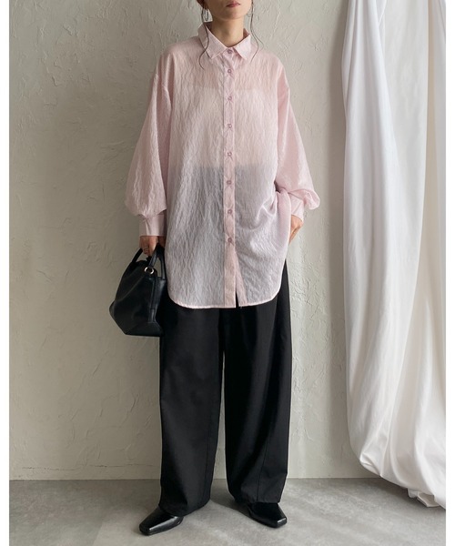 She's Closet(シーズクローゼット)の「長袖 ボリュームスリーブ ロング丈 オーバーサイズ ストライプ シアーシャツ(シャツ/ブラウス・レディース・グレー/イエロー/ネイビー/パープル/ホワイト/ピンク/グリーン・FREE)」の8枚目の写真