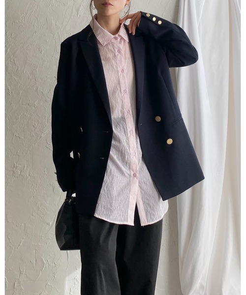 She's Closet(シーズクローゼット)の「長袖 ボリュームスリーブ ロング丈 オーバーサイズ ストライプ シアーシャツ(シャツ/ブラウス・レディース・グレー/イエロー/ネイビー/パープル/ホワイト/ピンク/グリーン・FREE)」の10枚目の写真