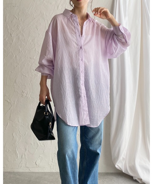 She's Closet(シーズクローゼット)の「長袖 ボリュームスリーブ ロング丈 オーバーサイズ ストライプ シアーシャツ(シャツ/ブラウス・レディース・グレー/イエロー/ネイビー/パープル/ホワイト/ピンク/グリーン・FREE)」の11枚目の写真