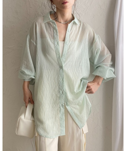 She's Closet(シーズクローゼット)の「長袖 ボリュームスリーブ ロング丈 オーバーサイズ ストライプ シアーシャツ(シャツ/ブラウス・レディース・グレー/イエロー/ネイビー/パープル/ホワイト/ピンク/グリーン・FREE)」の15枚目の写真
