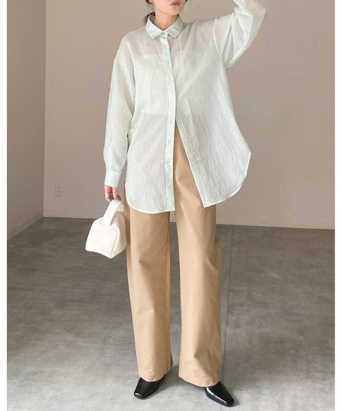 She's Closet(シーズクローゼット)の「長袖 ボリュームスリーブ ロング丈 オーバーサイズ ストライプ シアーシャツ(シャツ/ブラウス・レディース・グレー/イエロー/ネイビー/パープル/ホワイト/ピンク/グリーン・FREE)」の18枚目の写真