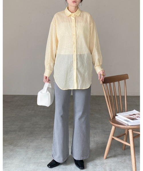 She's Closet(シーズクローゼット)の「長袖 ボリュームスリーブ ロング丈 オーバーサイズ ストライプ シアーシャツ(シャツ/ブラウス・レディース・グレー/イエロー/ネイビー/パープル/ホワイト/ピンク/グリーン・FREE)」の19枚目の写真