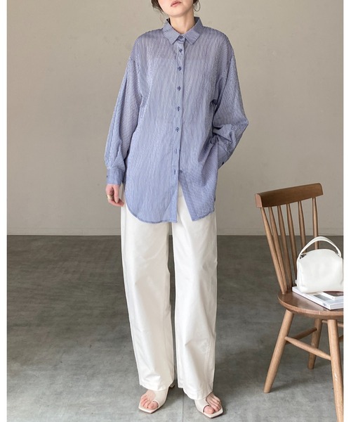 She's Closet(シーズクローゼット)の「長袖 ボリュームスリーブ ロング丈 オーバーサイズ ストライプ シアーシャツ(シャツ/ブラウス・レディース・グレー/イエロー/ネイビー/パープル/ホワイト/ピンク/グリーン・FREE)」の20枚目の写真