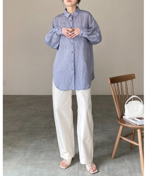 She's Closet(シーズクローゼット)の「長袖 ボリュームスリーブ ロング丈 オーバーサイズ ストライプ シアーシャツ(シャツ/ブラウス・レディース・グレー/イエロー/ネイビー/パープル/ホワイト/ピンク/グリーン・FREE)」の21枚目の写真