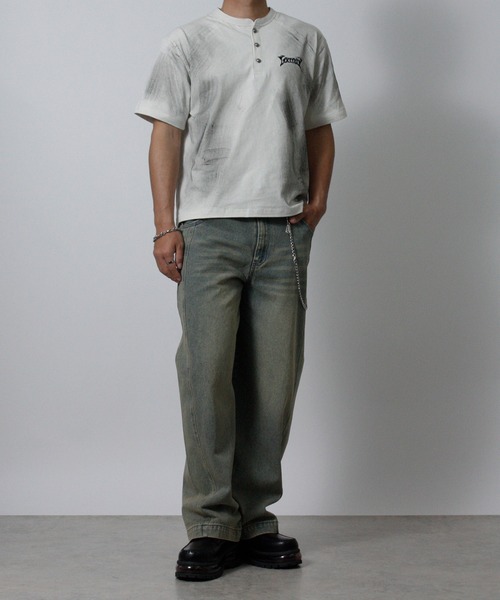 NYLAUS(ナイラス)の「【NYS】トライバル刺繍 スプレー加工 グランジ ショート丈 ヘンリーネック半袖Tシャツ(Tシャツ/カットソー・メンズ・ブラック/アイボリー/ワインレッド・L/M)」の16枚目の写真