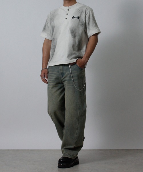 NYLAUS(ナイラス)の「【NYS】トライバル刺繍 スプレー加工 グランジ ショート丈 ヘンリーネック半袖Tシャツ(Tシャツ/カットソー・メンズ・ブラック/アイボリー/ワインレッド・L/M)」の18枚目の写真