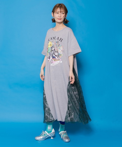 ScoLar（スカラー）の「161670：花ネコピクニック柄 天竺×レースワンピース（ワンピース・レディース・ブラック/杢グレー・M）」の2枚目の写真