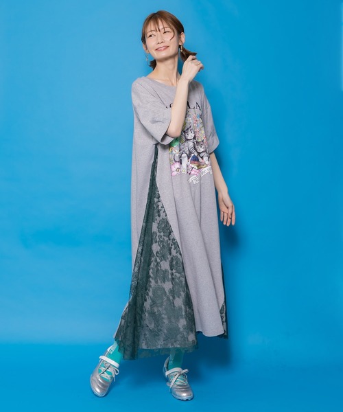 ScoLar（スカラー）の「161670：花ネコピクニック柄 天竺×レースワンピース（ワンピース・レディース・ブラック/杢グレー・M）」の6枚目の写真