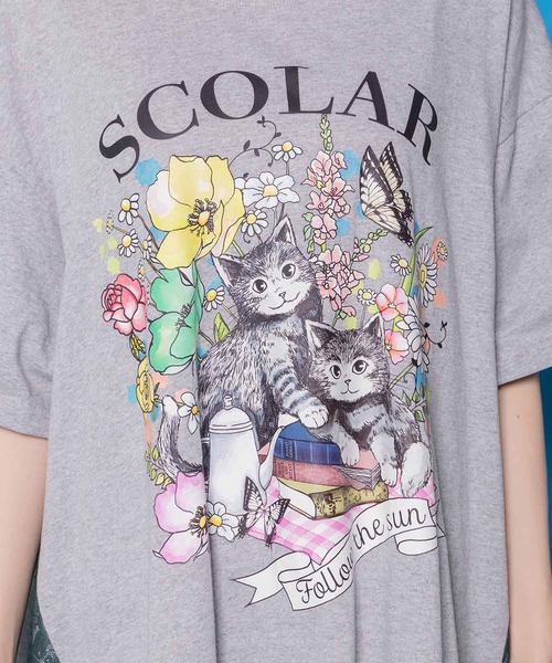 ScoLar（スカラー）の「161670：花ネコピクニック柄 天竺×レースワンピース（ワンピース・レディース・ブラック/杢グレー・M）」の7枚目の写真
