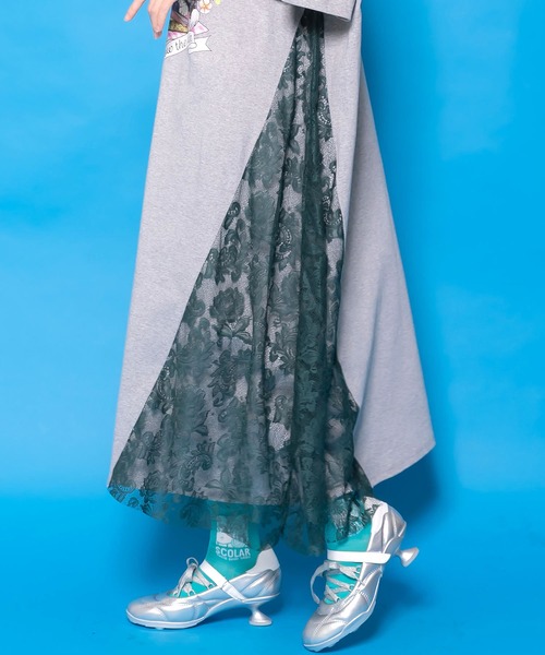 ScoLar（スカラー）の「161670：花ネコピクニック柄 天竺×レースワンピース（ワンピース・レディース・ブラック/杢グレー・M）」の9枚目の写真