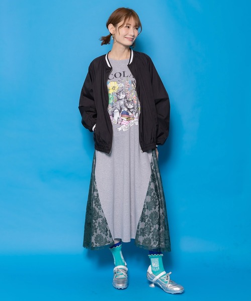 ScoLar（スカラー）の「161670：花ネコピクニック柄 天竺×レースワンピース（ワンピース・レディース・ブラック/杢グレー・M）」の10枚目の写真