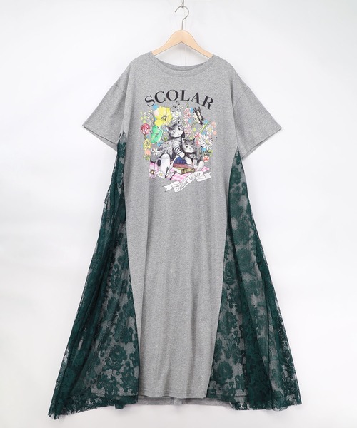 ScoLar（スカラー）の「161670：花ネコピクニック柄 天竺×レースワンピース（ワンピース・レディース・ブラック/杢グレー・M）」の11枚目の写真