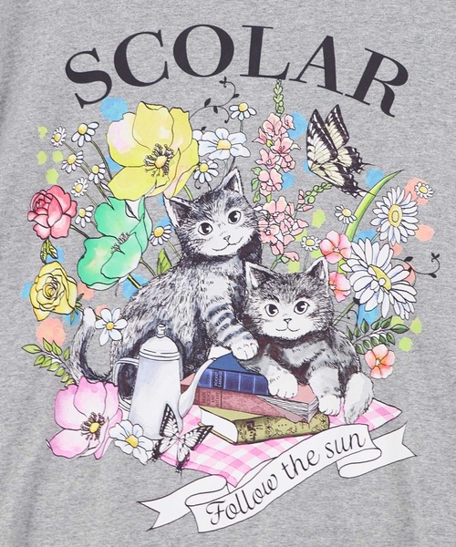 ScoLar（スカラー）の「161670：花ネコピクニック柄 天竺×レースワンピース（ワンピース・レディース・ブラック/杢グレー・M）」の13枚目の写真