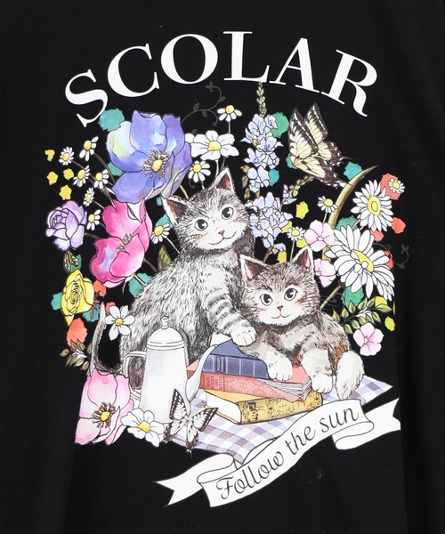 ScoLar（スカラー）の「161670：花ネコピクニック柄 天竺×レースワンピース（ワンピース・レディース・ブラック/杢グレー・M）」の15枚目の写真