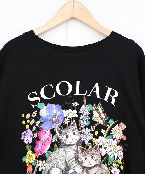 ScoLar（スカラー）の「161670：花ネコピクニック柄 天竺×レースワンピース（ワンピース・レディース・ブラック/杢グレー・M）」の16枚目の写真