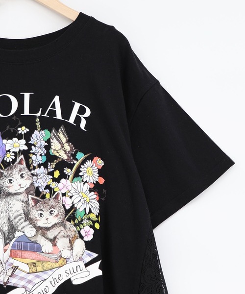 ScoLar（スカラー）の「161670：花ネコピクニック柄 天竺×レースワンピース（ワンピース・レディース・ブラック/杢グレー・M）」の17枚目の写真