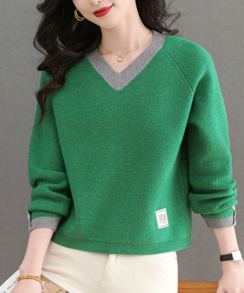2ly2(トゥーリートゥー)の「配色Vネックリブニットトップス(ニット/セーター・レディース・ピンク/ボルドー/グレー/グリーン/パープル・FREE)」の9枚目の写真