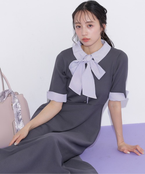 JILL by JILL STUART(ジルバイジルスチュアート)の「シャツ襟ドッキングニットワンピース半袖(ワンピース・レディース・グレー系その他/ブラック系その他/ネイビー・FREE)」の7枚目の写真