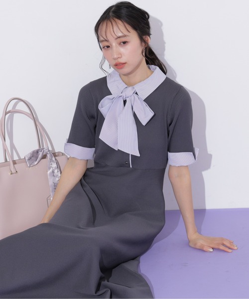JILL by JILL STUART(ジルバイジルスチュアート)の「シャツ襟ドッキングニットワンピース半袖(ワンピース・レディース・グレー系その他/ブラック系その他/ネイビー・FREE)」の6枚目の写真