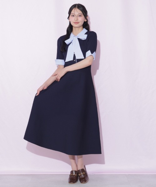 JILL by JILL STUART(ジルバイジルスチュアート)の「シャツ襟ドッキングニットワンピース半袖(ワンピース・レディース・グレー系その他/ブラック系その他/ネイビー・FREE)」の9枚目の写真