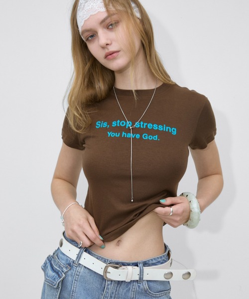 Rohwel(ローウェル)の「Stretch Message T-Shirt / ストレッチメッセージTシャツ(Tシャツ/カットソー・レディース・ホワイト/ブラウン/ピンク・FREE)」の1枚目の写真