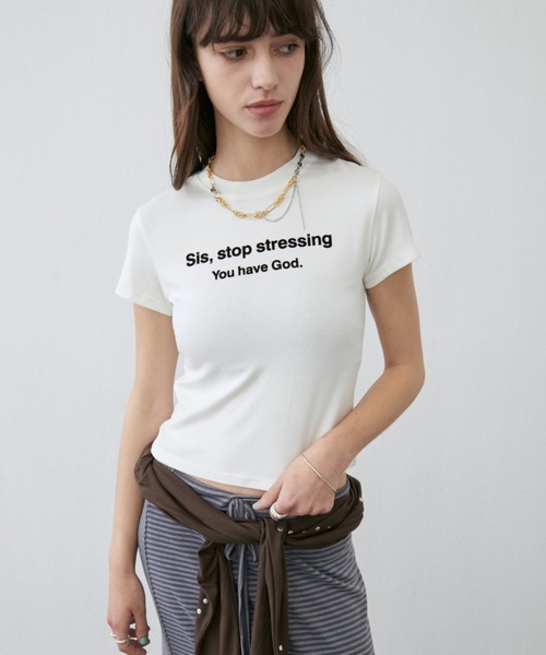 Rohwel(ローウェル)の「Stretch Message T-Shirt / ストレッチメッセージTシャツ(Tシャツ/カットソー・レディース・ホワイト/ブラウン/ピンク・FREE)」の2枚目の写真