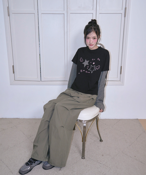 THE GREEN LAB（ザグリーンラボ）の「スターパッチSTレイヤードTシャツ[ブラック]（Tシャツ/カットソー・レディース・その他・FREE）」の2枚目の写真