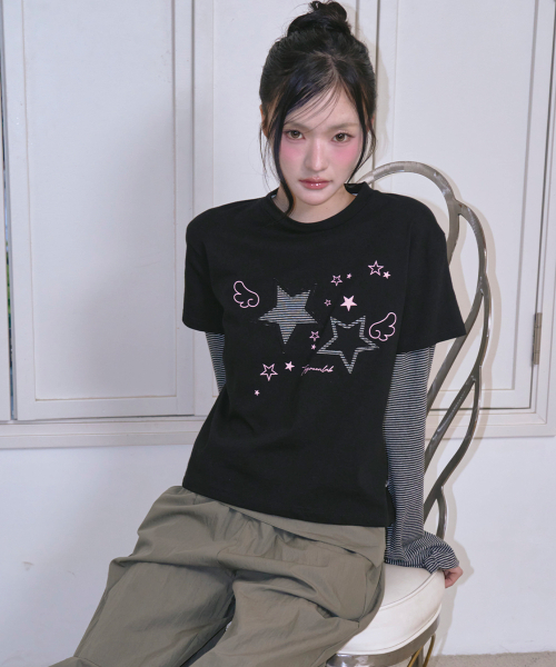 THE GREEN LAB（ザグリーンラボ）の「スターパッチSTレイヤードTシャツ[ブラック]（Tシャツ/カットソー・レディース・その他・FREE）」の3枚目の写真